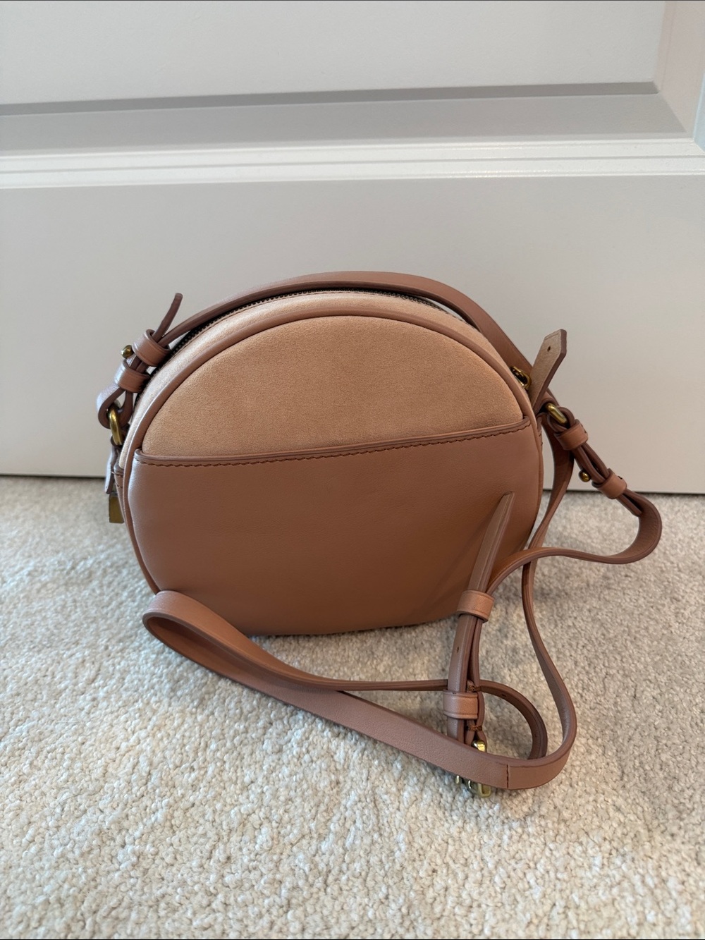 J. Crew Blush Round Leather & Suede Crossbody in Cognac